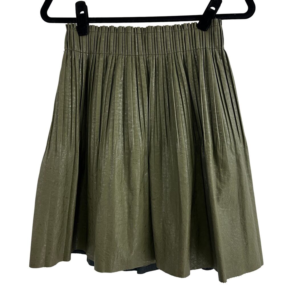 Anthropologie Faux Leather Olive Green Pleated Mini Skirt Women XS Indie Preppy